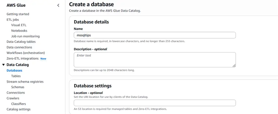 create database in aws data catalog