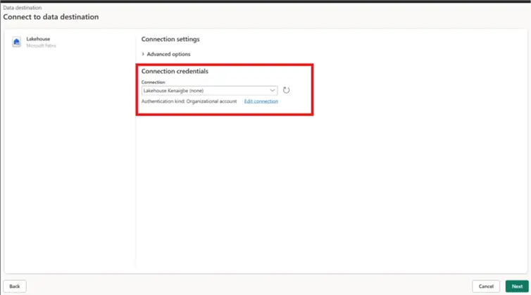 Image showing how to configure a destination for an MS Fabric Gen 2 Dataflow table 2.