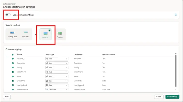 Image showing how to configure a Lakehouse destination for an MS Fabric Gen 2 Dataflow table and how to configure the append settings.