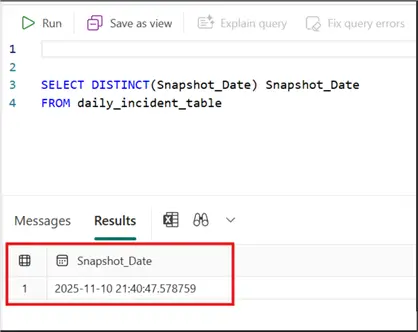 Image showing a single data view in the output of a SQL query in MS Fabric Lakehouse.