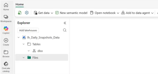 Image showing an MS Fabric Lakehouse with tables and Files sections.