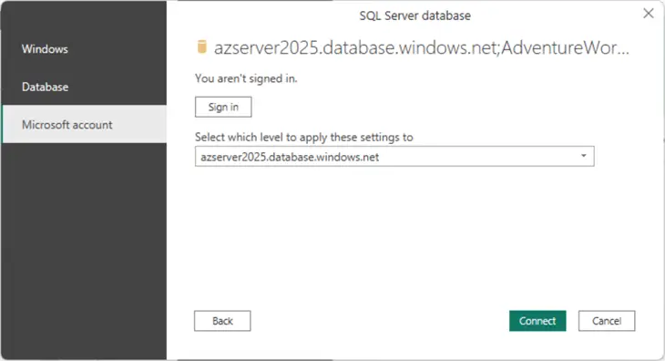 connect to SQL Microsoft account authentication
