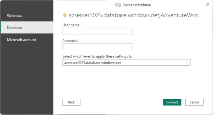 connect to SQL database credentials authentication