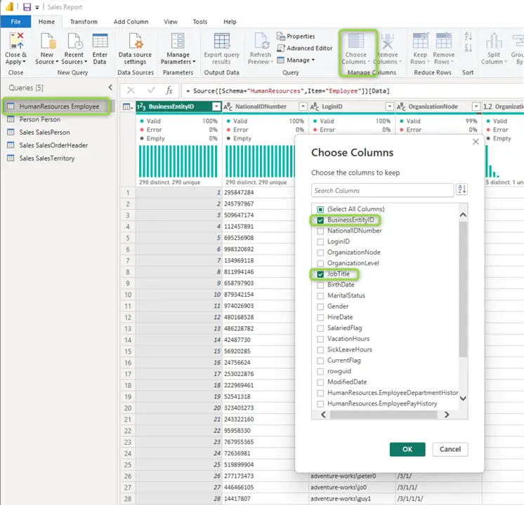 employee table choose columns