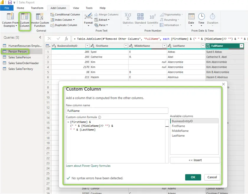 person table create custom column for full name 