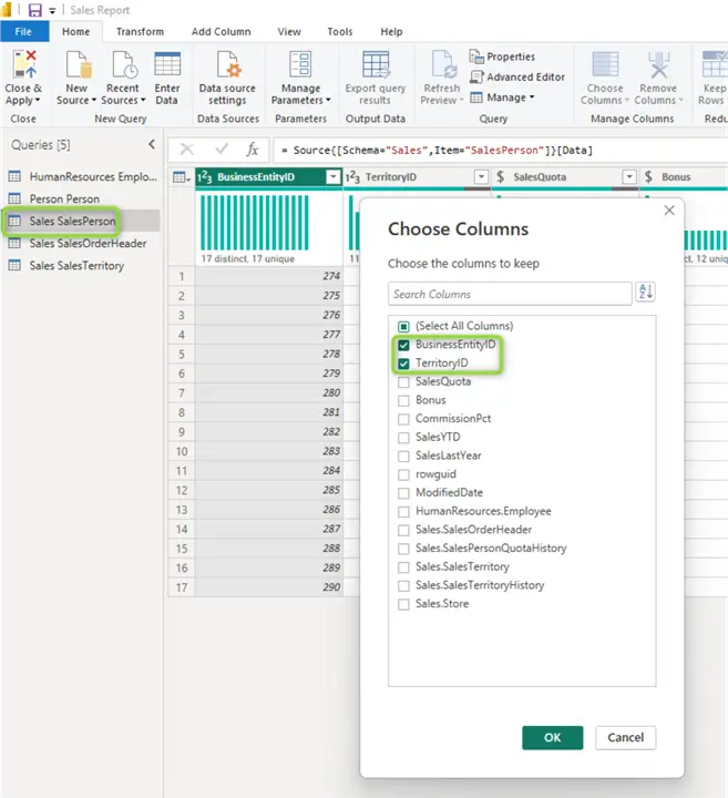 sales person table choose columns