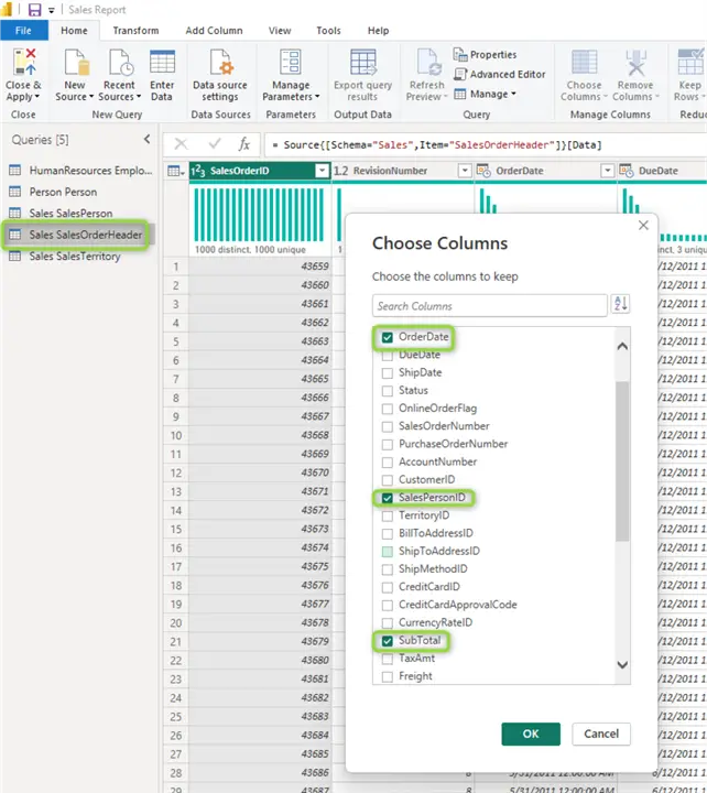 salesorderheader table choose columns