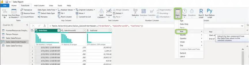 salesorderheader extract year 