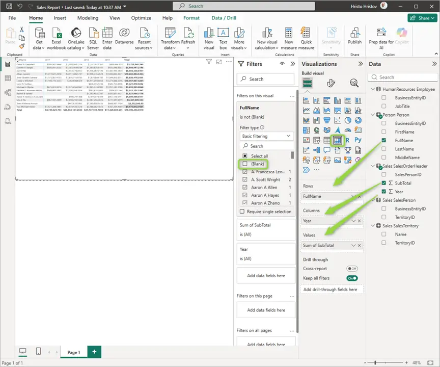 create matrix visual