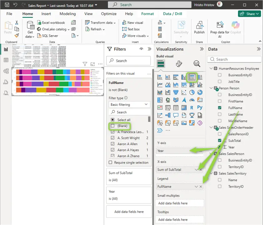 create 100% stacked bar chart visual 