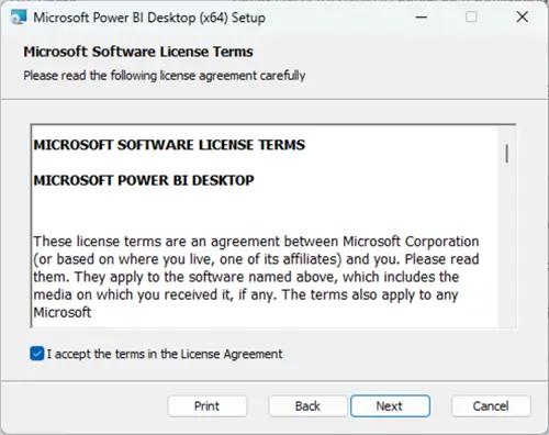 power bi desktop installation terms