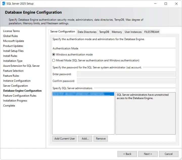 sql server 2025 express database engine configuration