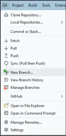 create a git new branch from ssms