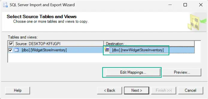 Screenshot of the Export Wizard step to identify the destination table.