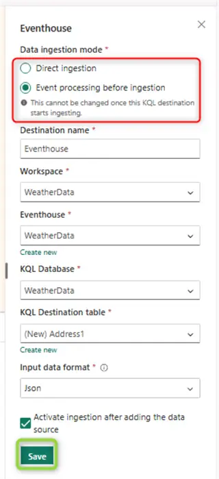 eventhouse destination configuration