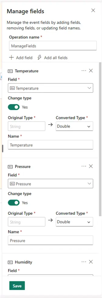 eventstream manage fields - change data types