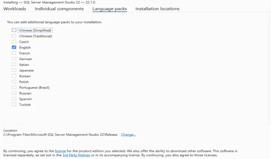 A screenshot of language packs in SSMS 22 installation