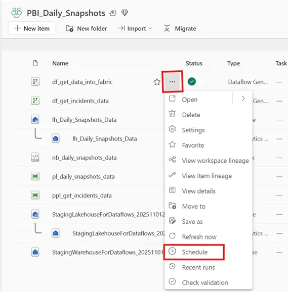 Image showing how to schedule a Dataflow Gen2 run in MS Fabric