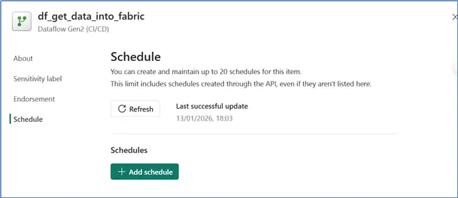 Image showing how to schedule a Dataflow Gen2 run in MS Fabric 2