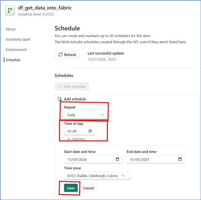 Image showing how to schedule a Dataflow Gen2 run in MS Fabric 3