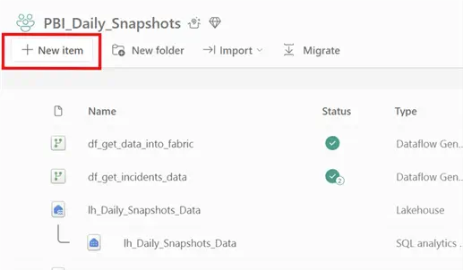 Image showing how to connect to or create a new item in MS Fabric