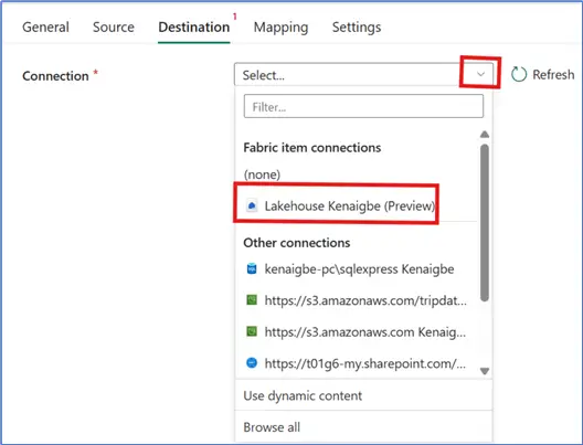 Image showing how to configure the Destination settings in MS Fabric Pipeline