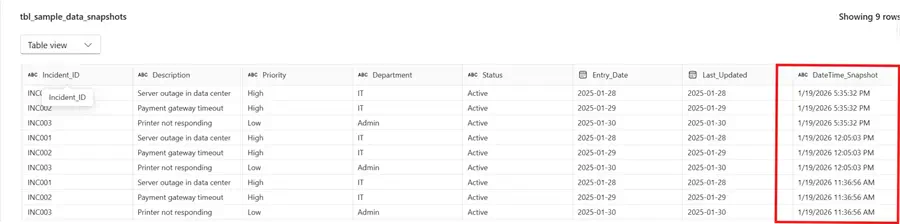 Image showing an output table after implementing snapshot capture in MS Fabric