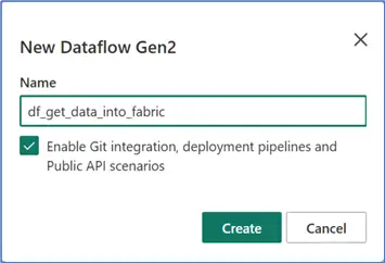 Image showing how to name a Dataflow Gen2 in MS Fabric
