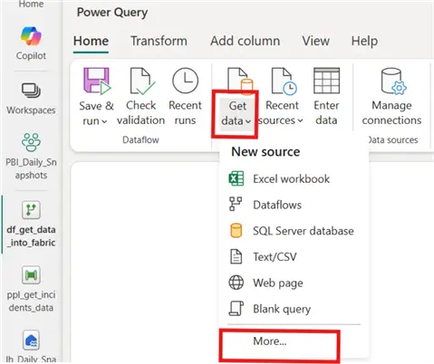 Image showing how to connect to a data source in MS Fabric
