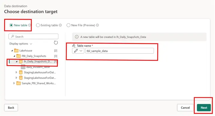 Image showing how to name a destination table in MS Fabric