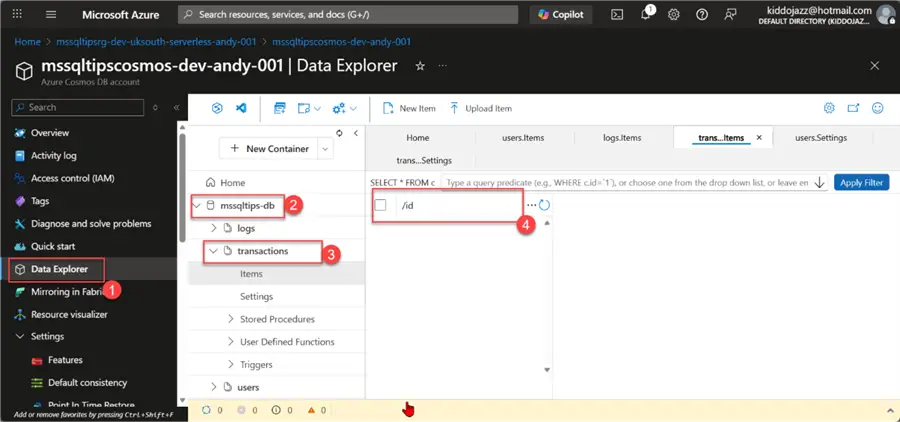 Cosmos DB Data Explorer