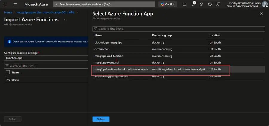 Select Azure Function Backend
