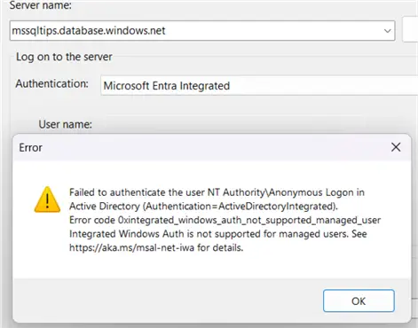 integrated windows auth is not supported for managed users