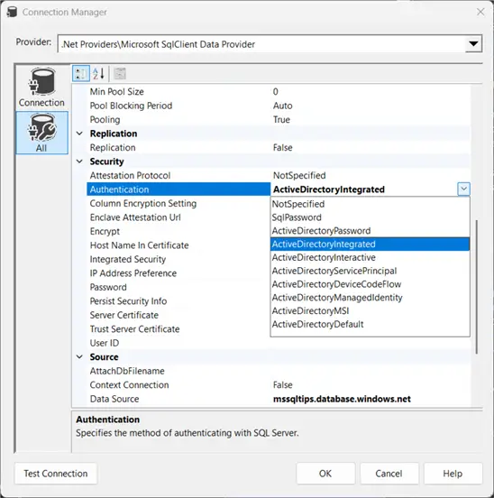 all authentication options for sqlclient