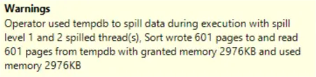sort order plan operator warning message
