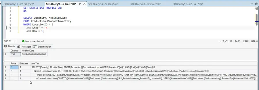 Query profile for the sample query when using non-covering composite index
