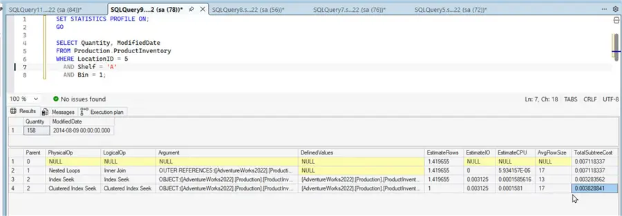 Subtree costs for the sample query when using non-covering composite index