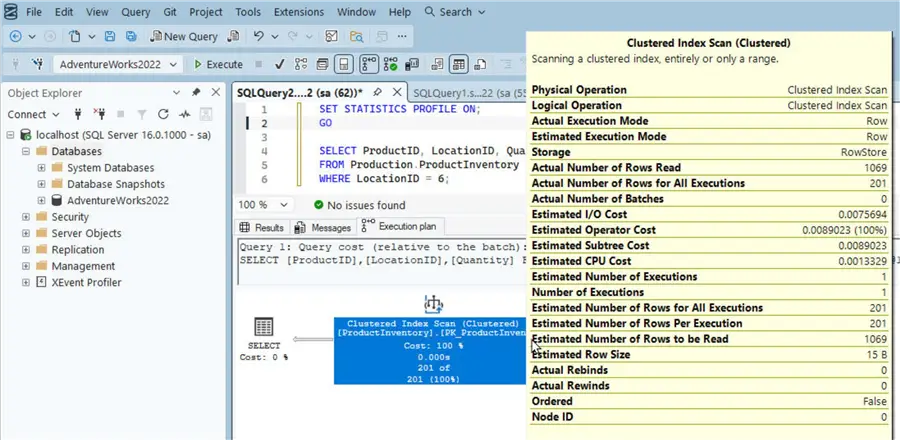 Execution Plan tab indicates a Clustered Index Scan