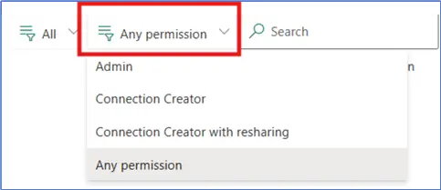 Click on Any permission to filter either on different permissions settings associated to the On-premises data gateways.