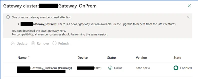 This dialog-box window allows for various options, from information displayed, a link to manually download the gateway installer software, to the ability to Update the gateway remotely.