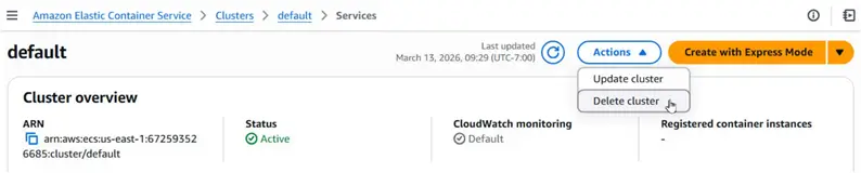 Actions>Delete cluster