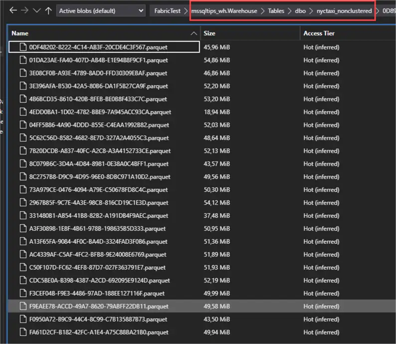 parquet files for nonclustered table