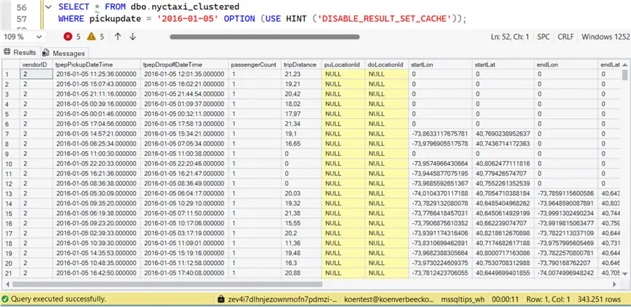 query results for clustered table