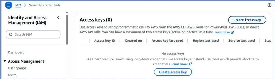 IAM > Security credentials > Create access key