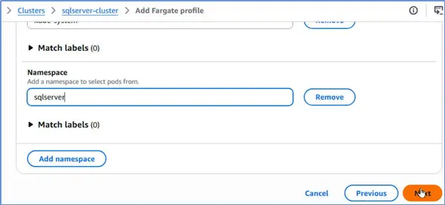 Add Fargate profile > Next