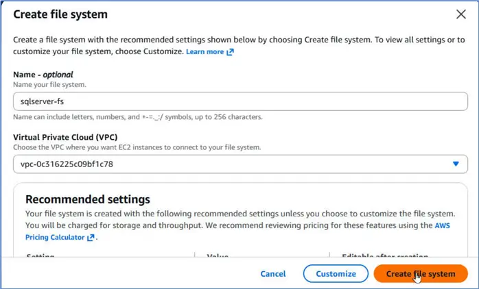 Create File system dialog