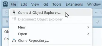 File > Connect Object Explorer