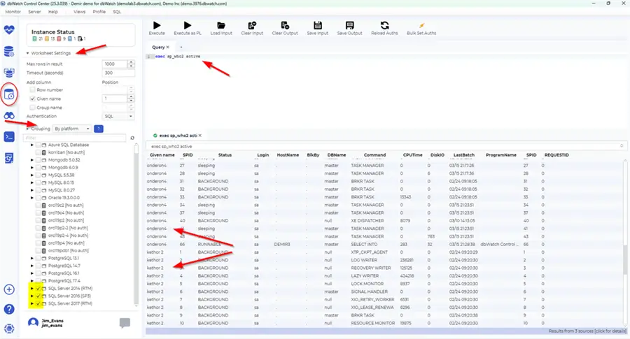 Screenshot of a dbWatch Worksheet Module screen showing a query result table with columns like ID, status, login, hostname, and CPU time. The interface includes a sidebar with database instances, query editor with SQL code, and highlighted server groups.