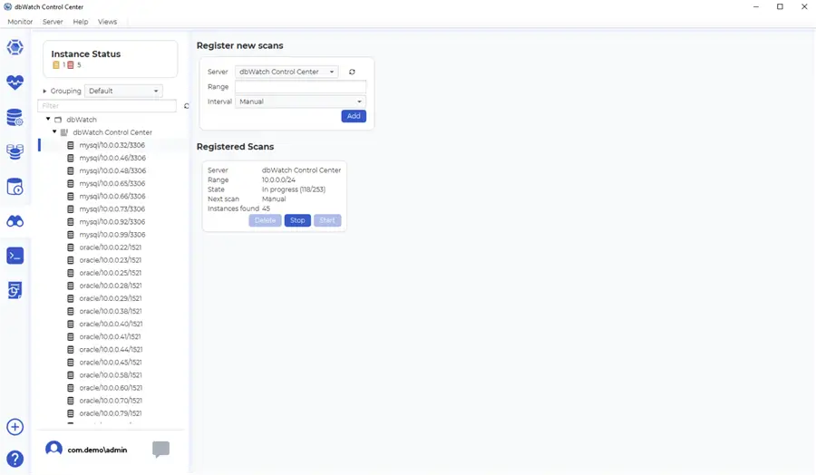Screenshot of dBWatch Control Center Auto Discovery Module showing instance status and scan registration. Left panel lists database instances with status icons, center panel allows registering new scans with server and range inputs, and bottom section displays registered scans with server details, state, next scan time, and control buttons.