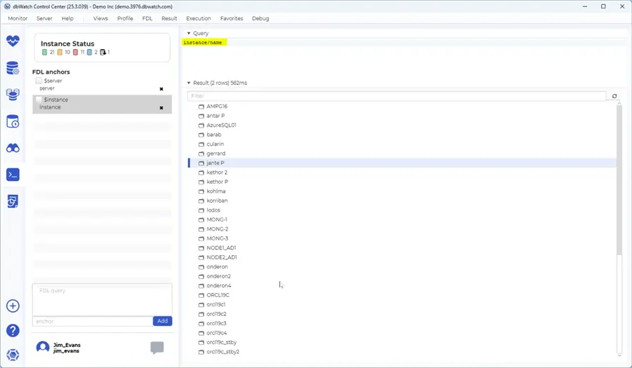 Screenshot of dbWatch FDL Console showing a query result with a list of database schema names. The left panel displays navigation options and instance status, while the main panel show a Query and Results section.